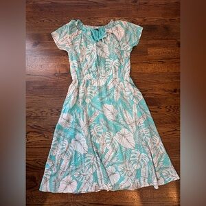 Talbots Teal and White Leaf Print Summer Dress size 10 NWT preppy 100% cotton